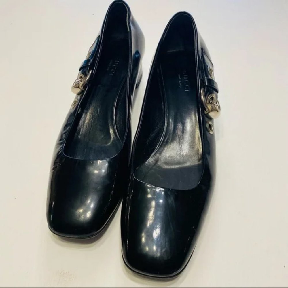 Vintage Gucci Loafers Black with Silver Side Buckle  Block Heel Size 7 Authentic